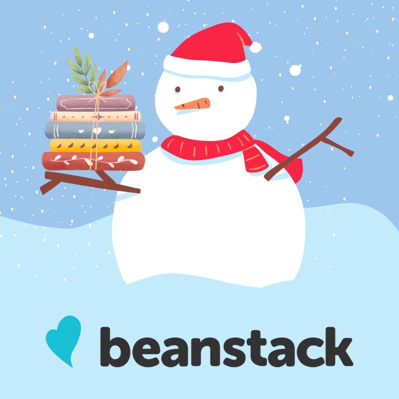 Cute snowman holding a stack of books sits in a pile of snow with the beanstack logo beneath it.