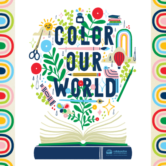 A colorful burst of flowers, books, nature and art emerge from an open book.