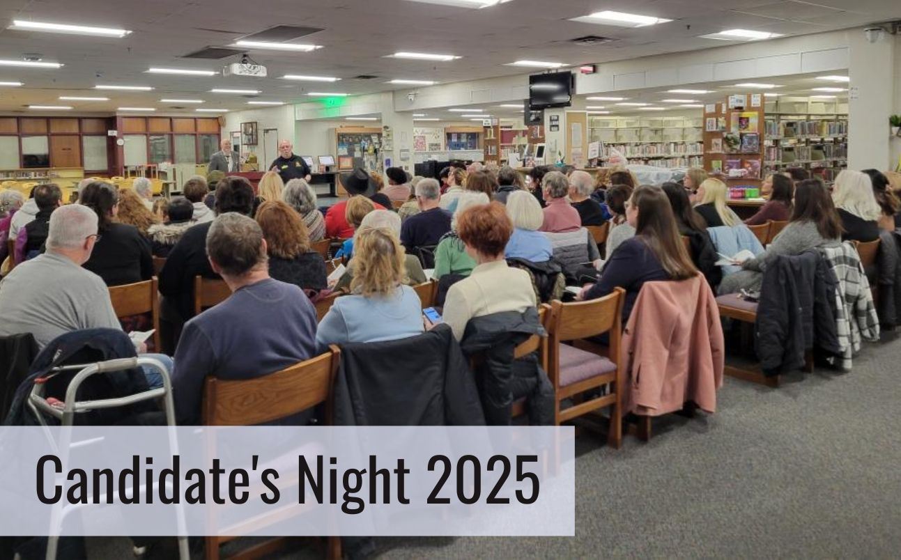 The view from the rear of a crowded library with dozens of seated people looking at a speaker.