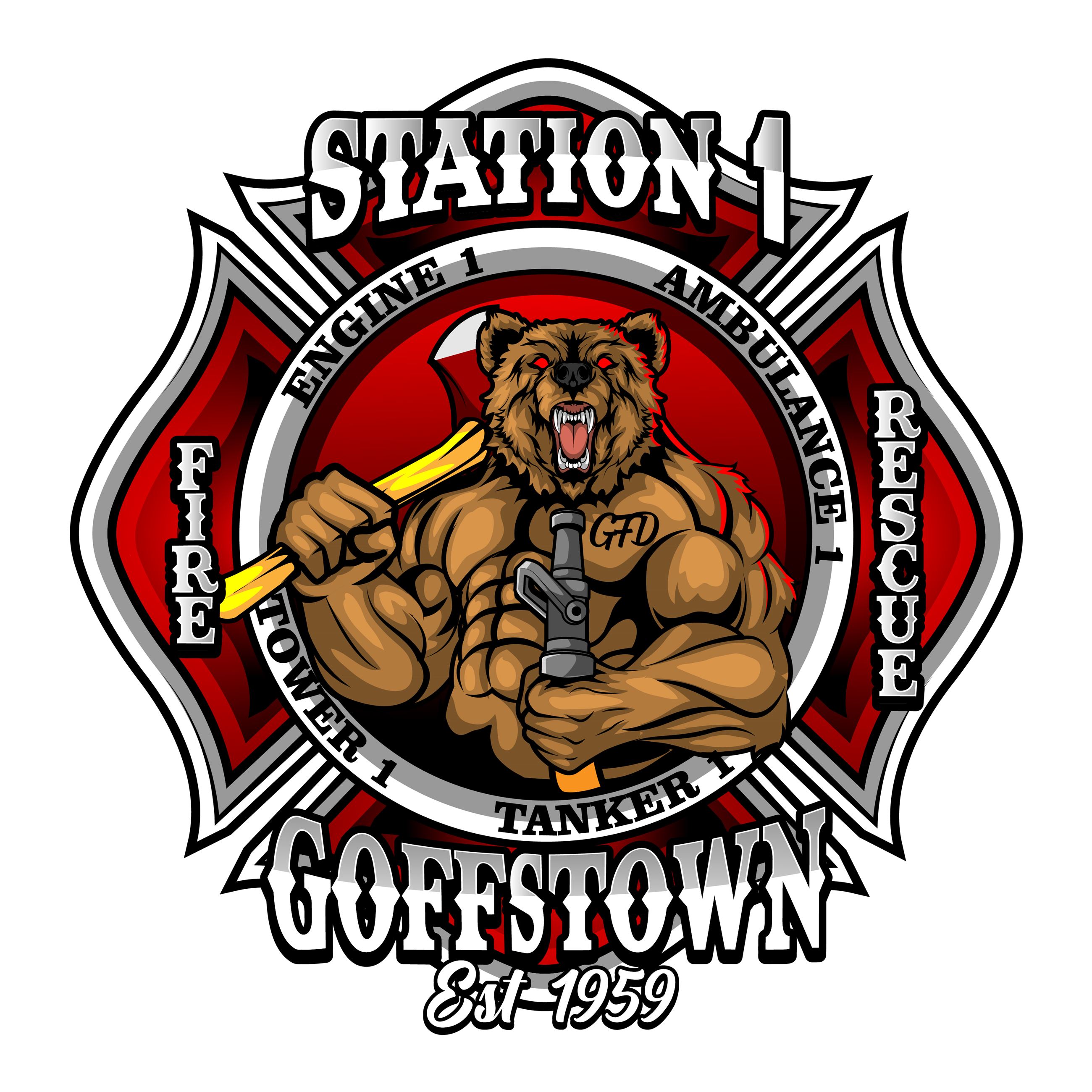 A bear carrying an axe and fire hose on a Maltese cross badge