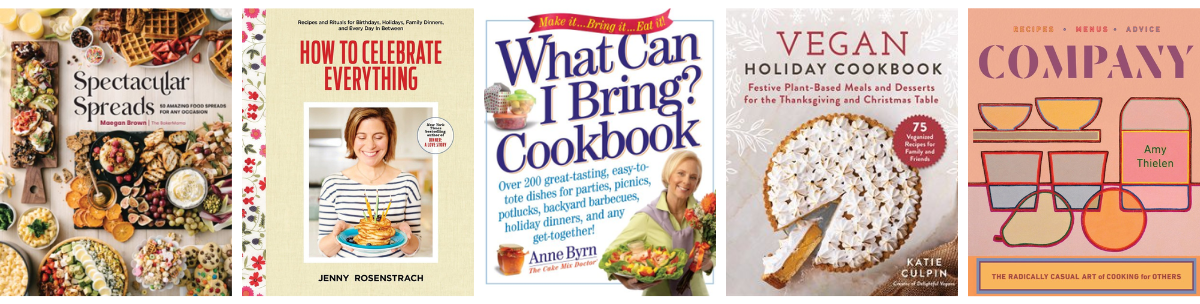 Five cookbook covers feature vegan, celebrations, and holiday menus.